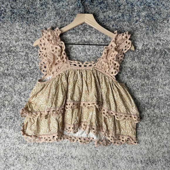 Let Me Be Shirt Womens XS Beige Lace Trim Boho‎ Eyelet Ruffle Sleeveless Top - Picture 6 of 6